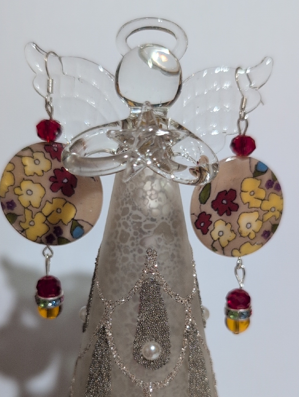 NWOT Handmade Floral Drop Earrings in Beige, Red, yellow and green